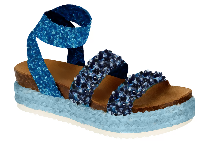 Image of a blue glittery party platform sandal depicting the best party platform sandals for 2021