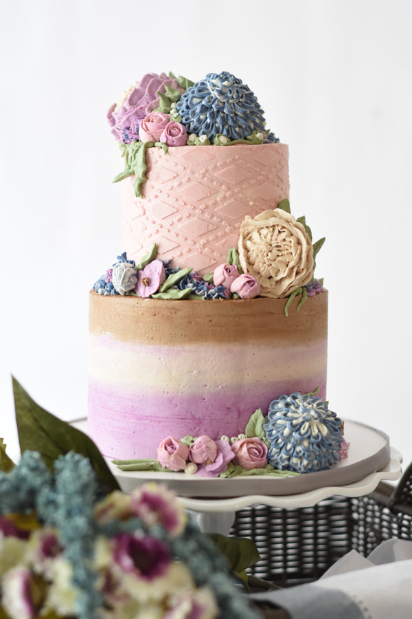 Image of beautifully decorated multi-colored two tier cake depicting must have basic cake decorating tools